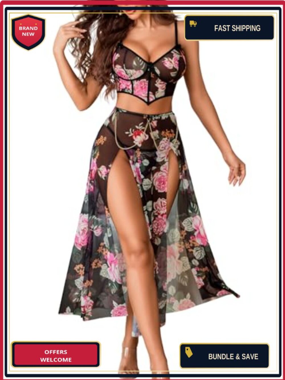 3 Piece Mesh Lingerie Set Split Skirt Thong Babydoll Chemise